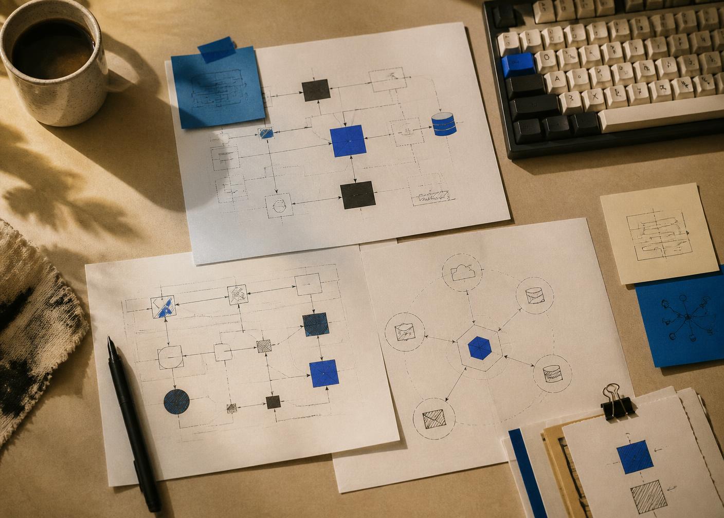 Hand-drawn integration and data flow diagrams spread across a warm paper-toned desk beside a keyboard